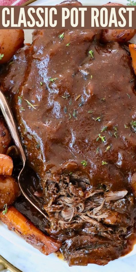 pot roast on plate smothered in gravy Beef Chuck Roast Recipes Oven Easy, Best Chuck Roast Recipe, Chuck Roast Recipe Oven, Chuck Roast In Oven, Best Pot Roast Ever, Roast In Dutch Oven, The Best Pot Roast, Easy Oven Recipes, Dutch Oven Pot Roast