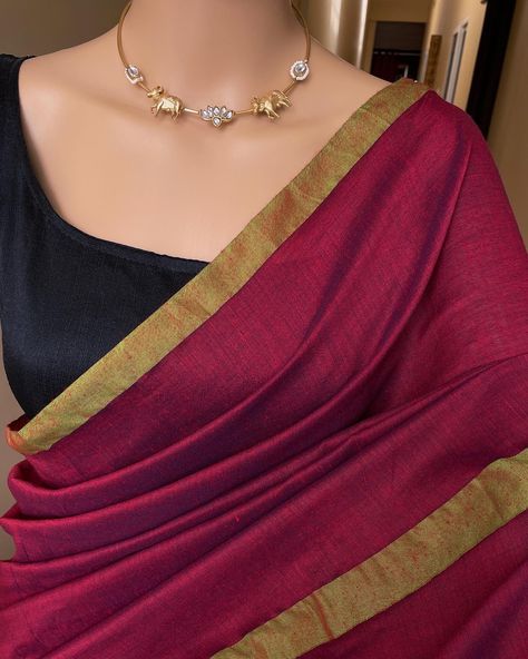 Www.Thejacouture.in > cotton sarees >Reddish maroon soft cotton saree. . Reddish maroon soft cotton saree with green 1 inch contrast border.. Comes with reddish maroon Running blouse and contrast tassels in pallu.. Saree height: 46 inches. Saree length: 5.5 meters. Blouse: 80cm . Priced: 1050/- INR Dry clean. . Jewellery: @adornachennai #reddishmaroon #cottonsaree #love #sareelove #india #sareeinspiration #sareelove😍 #indianwear #traditional #sareeday #indianwedding #sareestyle #instago... Soft Cotton Saree, Maroon Saree, Red Dishes, Indian Wedding Gowns, Simple Saree Designs, Simple Sarees, Cotton Sarees, Saree Styles, Cotton Saree