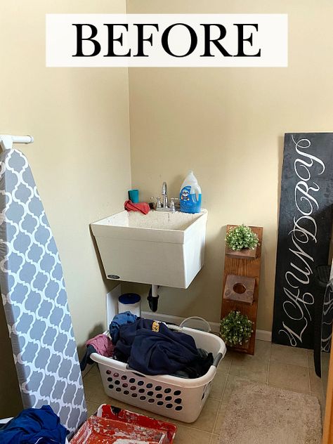 Hide A Utility Sink with A Faux Vanity - Lemons, Lavender, & Laundry Shelves Above Utility Sink, Utility Sink Surround, Hide A Utility Sink, Utility Room Sink Ideas, Small Utility Sink In Laundry Room, Slop Sink Laundry Room Makeover, Slop Sink Ideas, Laundry Room Utility Sink Makeover, Laundry Tub Ideas Utility Sink