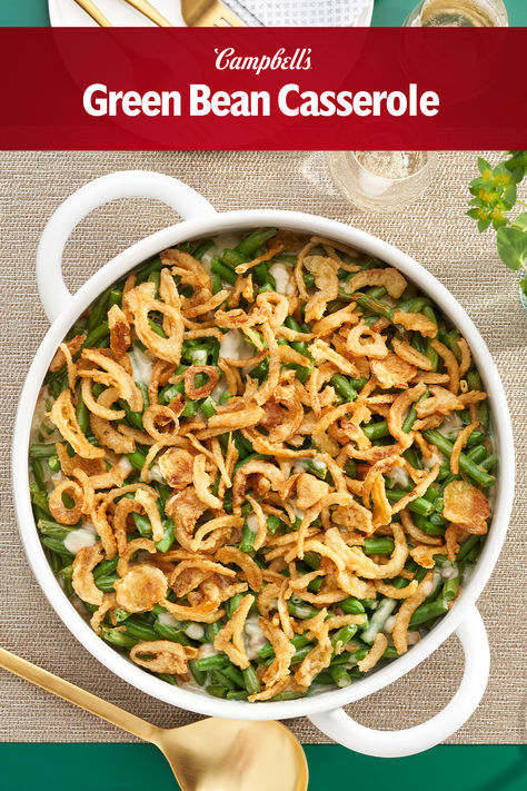 It is the dish everyone is expecting on Thanksgiving, but it is so easy to make, you can serve it any day. Created by Campbell Test Kitchen Manager Dorcas Reilly in 1955, its creamy, smooth sauce and unmatchable flavor combined with its simplicity makes Green Bean Casserole so appealing. Just five ingredients and 10 minutes to put together, this family pleasing side has been a holiday favorite for over 60 years. Mushroom Green Bean Casserole, Green Bean Mushroom Casserole, String Bean Casserole, Green Bean Mushroom, Campbell's Recipes, Green Bean Casserole Campbells, Best Green Bean Casserole, Crispy Fried Onions, Cooking Items