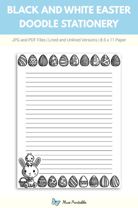 Free printable black and white Easter doodle stationery in JPG and PDF formats. The stationery is available in lined and unlined versions. Download it at https://museprintables.com/download/stationery/black-and-white-easter-doodle/ Free Printable Black And White, Printable Black And White, Kawaii Stationary, Free Printable Stationery, Journal Books, Page Borders, Printable Stationery, Note Paper, Lined Paper