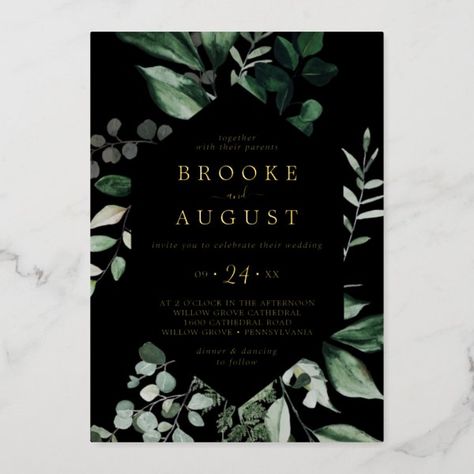 Emerald Greenery | Gold Foil Black Casual Wedding Foil Invitation Mountain Theme Wedding, Wedding Invitation Message, Black And Gold Wedding, Gold Foil Wedding Invitations, Emerald Green Weddings, Gold Foil Wedding, Black Wedding Invitations, Wedding Invitation Video, Green Wedding Invitations