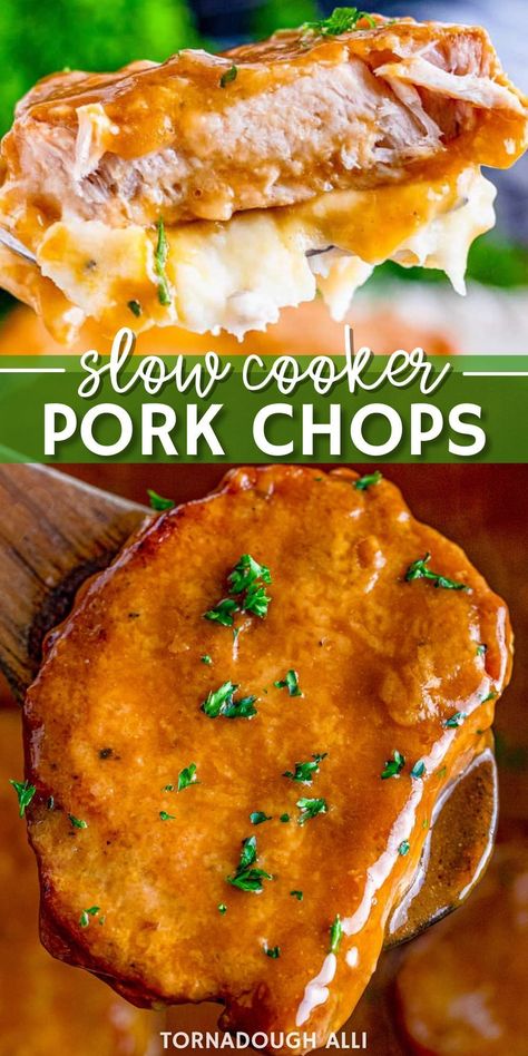 Cooked low and slow and perfectly tender, these slow cooker pork chops are an easy and delicious meal from Tornadough Alli! These pork chops are easily paired with side dishes. Why not make a delicious and hearty meal for your family? They are slathered in gravy and so tender that they will cut with just a fork. Make this quick and easy recipe!