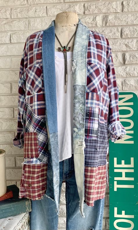 Reworked Flannel Jacket Remade Refashioned Sustainable Vintage - Etsy Flannel Refashion, Vintage Reworked Clothing, Flannel Upcycle, Reworked Flannel, Flannel Shirt Refashion, Reworked Clothes, Reworked Clothing, Upcycled Dress, Fall Flannel