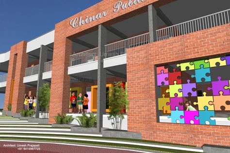 Chinar public school umesh prajapati designs | homify School Elevation Design, School Elevation, Preschool Classroom Layout, Preschool Designs, School Building Design, Geometric Origami, School Uniform Kids, Kindergarten Design, Classroom Layout