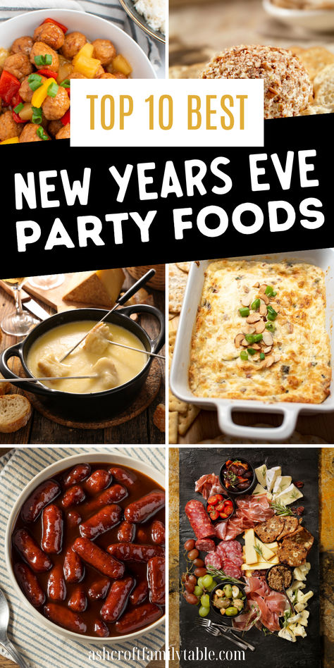 New Year's Eve party food including appetizers, finger foods, and dips. New Years Food Ideas Parties, Food Ideas For New Years Eve Party, New Years Menu Ideas Families, New Years Eve Easy Food Ideas, Finger Foods New Years Eve Party, Finger Foods For New Years Eve, Kid Friendly New Years Eve Food, New Year Eve Snack Ideas, New Year's Eve Party Food