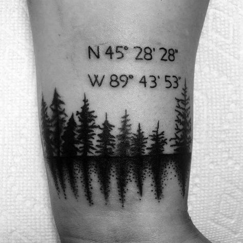 50 Coordinate Tattoo Ideas For Men - Geographic Landmark Designs Land Location Tattoo, Lake Inspired Tattoo, Alberta Tattoo Ideas, Coordinate Tattoo Ideas For Women, Coordinates Tattoo Men, Alberta Tattoo, Lake Tattoo Ideas, Coordinate Tattoo Ideas, Idaho Tattoo