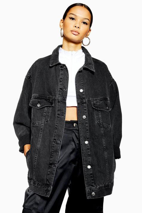 Dad Denim Jacket - Jackets & Coats - Clothing - Topshop USA Black Denim Jacket Outfit, Oversized Black Denim Jacket, Long Denim Jacket, Black Jean Jacket, Jean Jacket Outfits, Denim Jacket Outfit, Oversized Jean Jacket, Trendy Swimwear, Black Jean