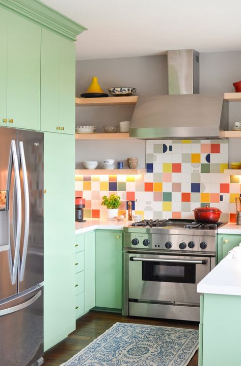 Before & After: A Bright & Energizing California Kitchen – Schoolhouse Colorful Boho Kitchen, California Kitchen, Vibrant Kitchen, Recycled Tile, Fireclay Tile, Somewhere Over The Rainbow, Bright Kitchens, Tile Inspiration, Boho Kitchen