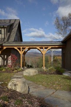 Wooden covered walkway from barn to house connect chicken house house and barn Garage Extension, Breezeway Ideas, Garage Addition, Walkway Design, Covered Walkway, Stowe Vermont, Carport Garage, Contemporary Exterior, Stone Walkway