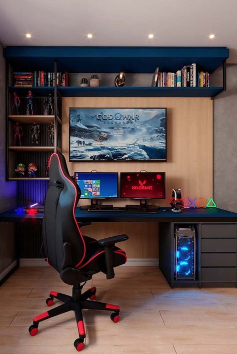 Quarto Gamer: 60 Ideias e Dicas Incríveis para Decorar Home Office Gamer, Gaming Room Design, Gaming Room Ideas, Dream Home Office, Teenager Bedroom Design, Beautiful Home Office, Gamer Bedroom, Boys Room Design, Boys Bedroom Makeover