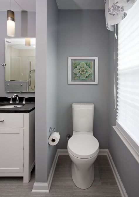 The toilet in this contemporary Doylestown, PA master bath even displays clean lines.  The Kohler toilet features a duel flush and a closed skirt for cleaning with ease. Toilet Stall Ideas Master Bath, Bathroom Expansion, Apartment Bathroom Remodel, Hidden Toilet, Doylestown Pa, Privacy Ideas, Small Apartment Bathroom, Kohler Toilet, Pony Wall