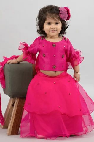 Shop for Darleen Kids Couture Magenta Phooljhadi Embroidered Crop Top Lehenga Set For Girls Online at Aza Fashions Chanderi Lehenga, Layered Lehenga, Crop Top Lehenga, Kids Party Wear, Embroidery Beads, Embroidered Crop Tops, Color Magenta, Wear Crop Top, Kids Couture