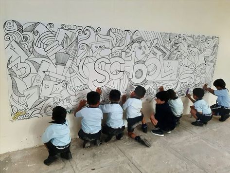 High School Wall Murals, Doodle Wall Painting Ideas, School Wall Mural Ideas, School Art Exhibition Ideas, School Painting Wall Classroom, School Mural Ideas, Collaborative Mural, School Exhibition, Doodle Wall