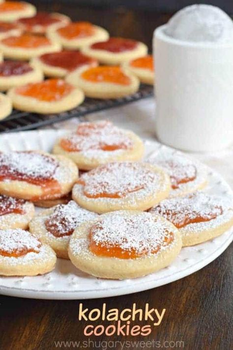 These Kolachky Cookies have a melt in your mouth cookie base and are topped with sweet preserves. Don't forget the extra powdered sugar! Bake for your cookie exchange! Kolachky Cookie Recipe, Polish Baking, Kolache Recipe, Jelly Cookies, Cookie Base, Shugary Sweets, Buttery Shortbread Cookies, Biscuit Recipes, Sugar Cookie Icing