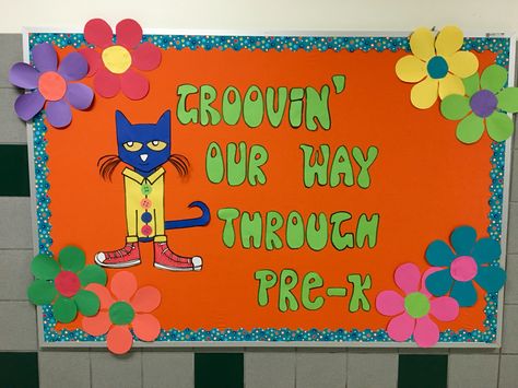 Preschool Themes Classroom, Safe Space Preschool, Pete The Cat Fall Bulletin Board, Pre K Classroom Posters, Preschool Reading Bulletin Boards, Groovy Preschool Classroom, Pete The Cat Bulletin Board Preschool, Pete The Cat Back To School, Cat Theme Classroom