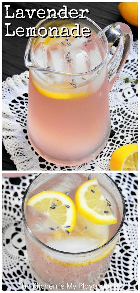 Lavender Lemonade ~ You'll fall in love with Lavender Lemonade's beautiful shade of pink, and its fragrant floral flavor of lavender. A fabulously delicious summer sipper!  #lavender #lavenderlemonade #lavenderrecipe  www.thekitchenismyplayground.com Pink Lemonade Recipes, Lemonade Punch, Lavender Recipes, Drink Recipes Nonalcoholic, Lavender Lemonade, Lemonade Drinks, Shade Of Pink, Best Party Food, Party Food And Drinks