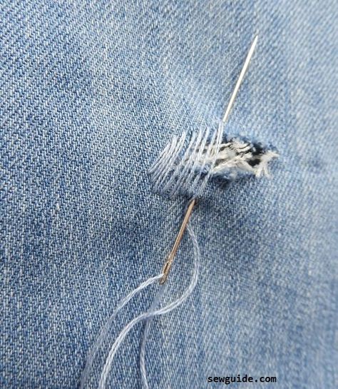 How to fix holes in Jeans : 10 ways to repair ripped & torn jeans - SewGuide Sewing A Hole In Jeans, Stitch Hole In Jeans, Mending A Hole In Jeans, How To Stitch Jeans Hole, Jean Holes Repair, Sew Hole In Jeans, Stitching Jeans Hole, Darning A Hole In Jeans, Repairing Jeans With Holes