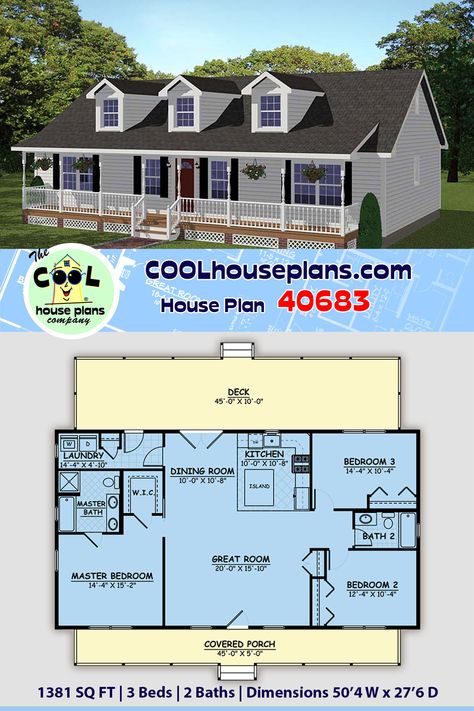 Contemporary Ranch Home, Southern Style House Plans, Small Floor Plans, Floor Plans Ranch, Porch House Plans, Ranch House Plan, Country Cabin, Small House Plan, Ranch House Plans