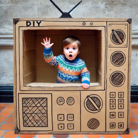 Cardboard Box TV Big Box Play Ideas, Large Cardboard Box Ideas For Kids, Cardboard Boats, Cardboard Tv, Cardboard Boxes Kids, Class 1b, Diy Cardboard Toys, Cardboard Play, Large Cardboard Boxes