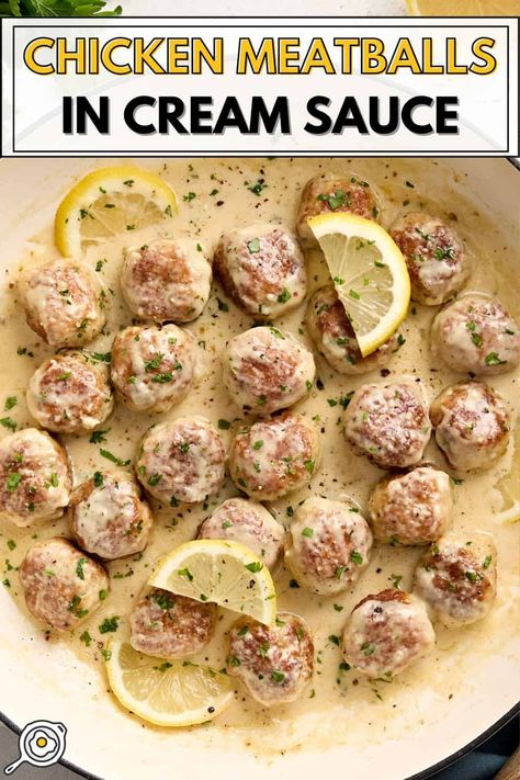 Chicken Meatballs In Cream Sauce Meatballs In Cream Sauce, Budget Bites, Chicken Meatballs Healthy, Chicken White Sauce, Ground Chicken Meatballs, Vegetarian Mains, Chicken Meatball Recipes, Fast Dinner, Budget Bytes