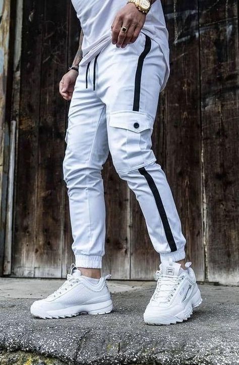 Full White Outfit Men, Track Outfits, Dude Clothes, Mens Summer Pants, Cargo Pants Streetwear, White Cargo Pants, Sportswear Outfits, Streetwear For Men, Jacket Store