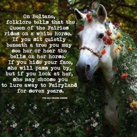 gray horse draped in flowers with Beltane Greetings Sacred Masculine, Fire Festival, Go Ride, Eclectic Witch, Faeries Gardens, Fairy Queen, May Day, Wise Women, Season Of The Witch