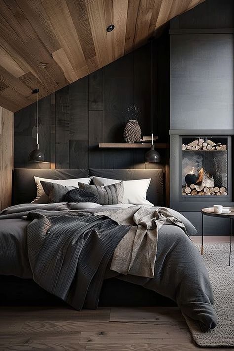 Luxurious Dark Bedroom Ideas - Modern Elegance Meets Rustic Charm Urban Style Bedroom, Dark Modern Bedroom, Black Bed, Cabin Bedroom, Chalet Design, Moody Bedroom, Dark Bedroom, Bed Bedroom, Wood Bed