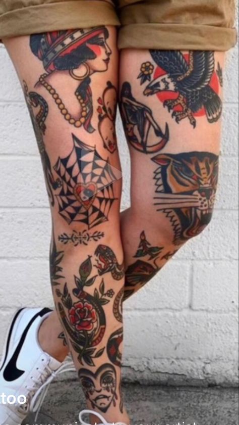 Art Tattoo Traditional, American Traditional Leg Tattoo, Traditional Leg Tattoo, Traditional Tattoo Leg, Black And White American Traditional, Traditional Tattoo Leg Sleeve, Tattoo Leg Sleeve, Tattoo Sleeve Filler, Traditional Black Tattoo