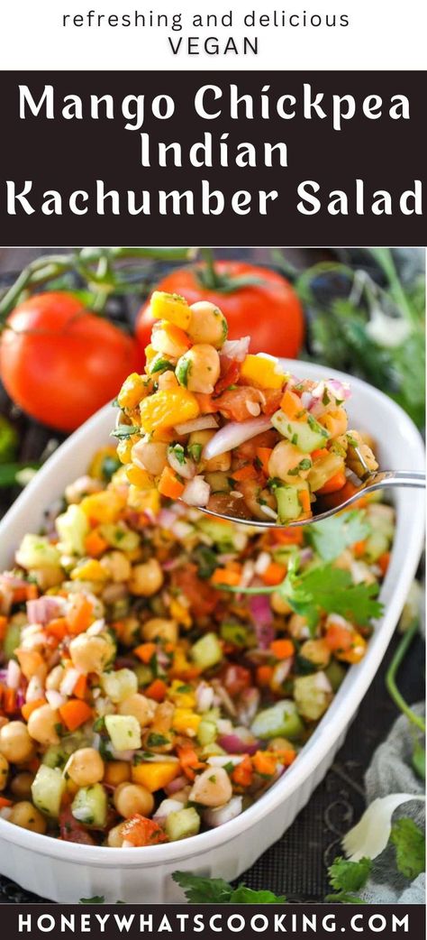 Refreshing and delicious Mango Chickpea Indian Kachumber Salad flavored with lime juice and chat masala. This salad is perfect for the spring and summer season. Pair this nutritious salad with Jeera Rice and an Indian dal or curry. Mango Chickpea Salad, Indian Summer Recipes, Indian Canapes, Chickpea Indian, Summer Curry, Indian Salad Recipes, Nutritious Salads, Indian Salad, Kachumber Salad