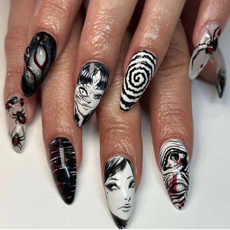 Tomie Junji Ito Nails, Junji Ito Nail Art, Tomie Nails, Junji Ito Nails, China Nails, Halloween Press On Nails, Anime Nails, Nail Art Salon, Nagel Tips