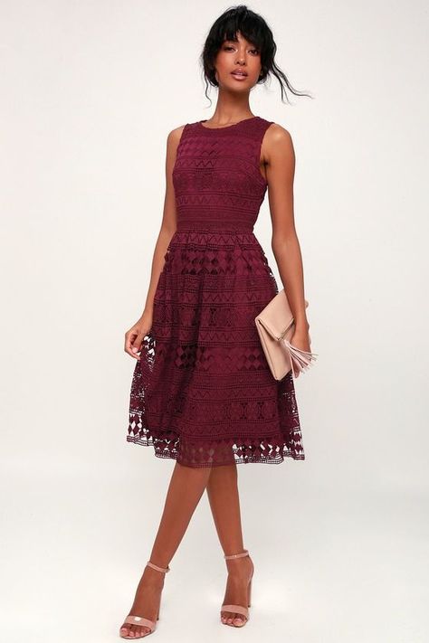 MADLY IN LOVE PLUM PURPLE LACE SLEEVELESS MIDI DRESS Plum Lace Dress, Petite Midi Dress, Purple Cocktail Dress, Full Midi Skirt, Purple Midi Dress, Guest Attire, Wedding Attire Guest, Sleeveless Midi Dress, Madly In Love