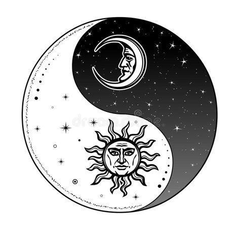 Mystical drawing: Stylized sun and moon with human face, day and night. Zen symbol. Ying yang sign of harmony and balance. Monochrome Vector Illustration stock illustration Ideas De Desenhos, Jing Y Jang, Stylized Sun, Zen Tattoo, Zen Symbol, Ying Yang Tattoo, Yin Yang Art, Yin Yang Tattoos, Monochrome Illustration