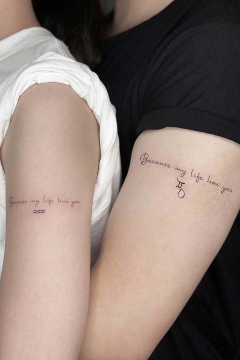 Symbolic And Meaningful Couple Tattoos To Strengthen The Bond Tattoo Parejas, Script Lettering Tattoo, Simple Couples Tattoos, Meaningful Couple Tattoos, Couple Name Tattoos, Matching Symbols, Brother And Sister Tattoo Ideas, Sister Tattoo Ideas, Best Couple Tattoos