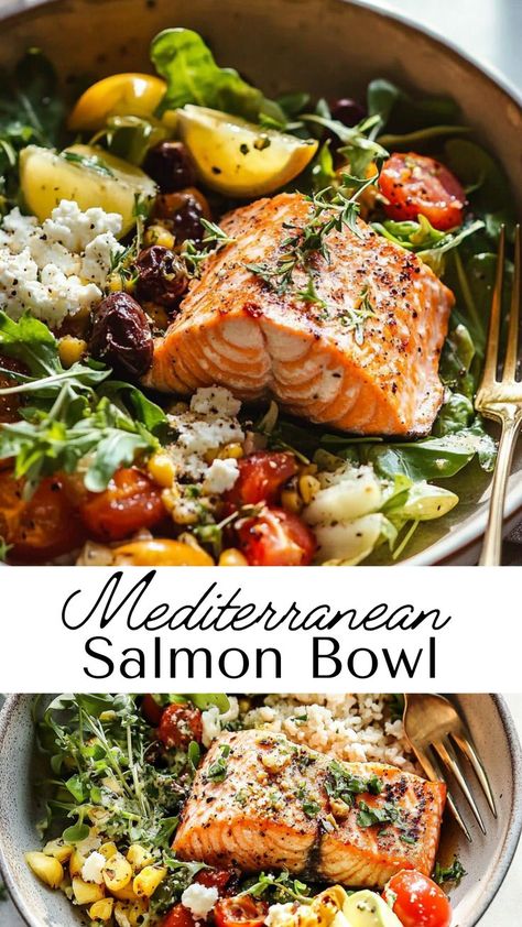 This Mediterranean salmon bowl is a fresh, healthy, and balanced meal with deliciously grilled salmon, colorful veggies, and a refreshing dressing. Ideal for a quick lunch or light dinner, it’s a delicious way to enjoy Mediterranean flavors. Healthy Balanced Lunch Ideas, Mediterranean Legume Recipes, Med Recipes Mediterranean Diet, Mediterranean Recipes Healthy Lunches, Mediterranean Lunch Prep, Whole 30 Mediterranean Recipes, Mediterranean Diet Recipes Pescatarian, Mediterranean Diet Recipes Breakfast Lunches, Healthy Recipes Pescatarian