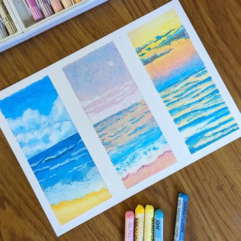 LI LING | Oil pastel | 粉蠟筆 | 油性粉彩 on Instagram: "Which sky do you like? Left, middle, or right? Learned from @kaylee06062018 on Youtube 🙏 If you are an oil pastel beginner like me, I recommend you to check out her channel! #oilpastel #drawings #art #artoftheday #sky #ocean #beach #粉蠟筆" Beach Pastel Art, Oil Pastel Ocean, Sky Oil Pastel, Beach Drawing, Pastel Beach, Pastel Sky, Oil Pastel Art, Oil Pastel Drawings, Wave Art