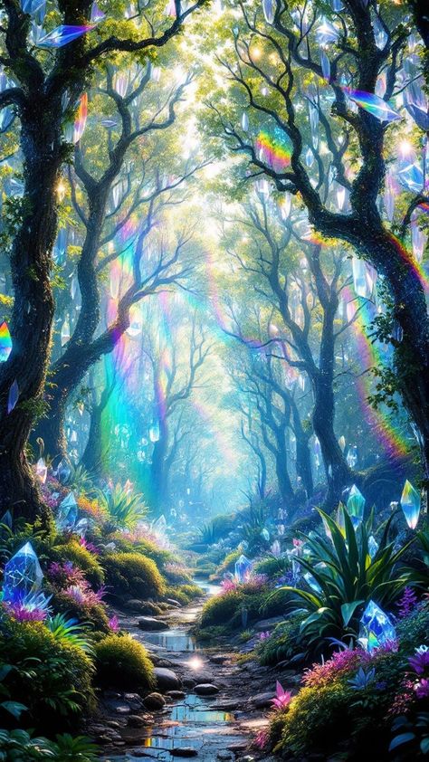 This image depicts a surreal, digitally enhanced forest where crystalline trees and foliage radiate a mesmerizing spectrum. The environment features middle elements like a walkway and plants interspersed with crystal formations, creating a spacelike realm of light play. Glimmers of refracted sunshine dance through translucent leaves and branches, morphing the lush landscape into a rolling exhibition of dynamic and vibrant delight. Crystal Forest Art, Forest Surrealism, Crystal Forest, Lush Landscape, Magical Nature, Forest Aesthetic, Leaves And Branches, Crystal Formations, Forest Art