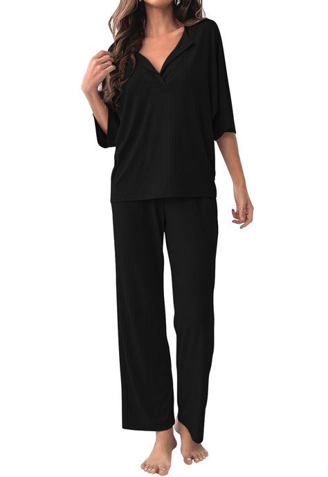 PRICES MAY VARY. COZY FABRIC: 28% Rayon+65% Polyester+7% Spandex, lightweight, comfy, and stretchy ribbed knit fabric. This Pajamas sets with soft elastic and loose designs fits for any body size TRENDY DESIGN: 2 Piece Pajama Sets for Women/Lounge Sets for Women/3/4 Sleeve Tops for Women/Wide Leg Pants for Women/Matching Sets for Women/Loungewear Sets for Women/Pants Sets for Women/Summer Clothes Sets for Women/Ribbed Outfits for Women/Going Out Outfits for Women CHIC DETAILS: This Lounge sets f Pajamas And Loungewear, Going Out Outfits For Women, Black Loungewear, Lounge Sets For Women, Soft Sleepwear, Women Loungewear, Ready Outfits, Chic Loungewear, Knit Lounge Set