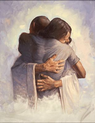 The Embrace by Chris Hopkins. "All that the Father gives me will come to me, and whoever comes to me I will never drive away." John 6:37 Personaje Fantasy, Pictures Of Christ, Lds Art, Prophetic Art, Art Sacre, Pictures Of Jesus Christ, Ayat Alkitab, Biblical Art, Jesus Christus