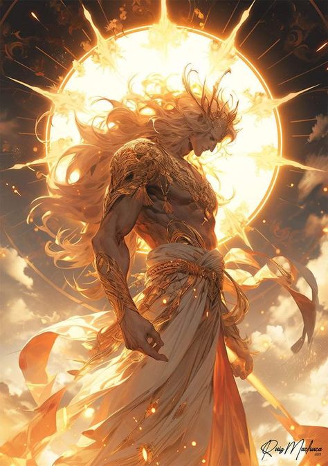 Anime Gods Art, Sun People Art, Helios God Art, Sun God Character Design Male, Sun God Drawing, Helios Greek Mythology, Sun God Character Design, Sun Paladin, Sun Character Design