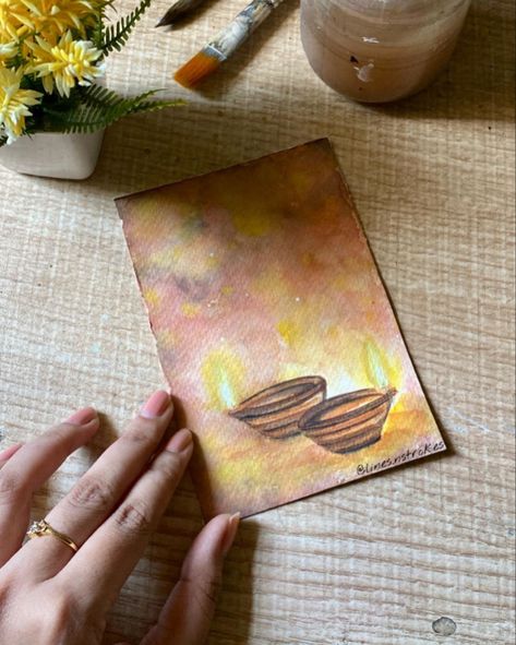 Watercolor Painting Of Diya, Diwali Watercolor Painting, Diwali Poster Design, Diwali Painting, Watercolor Light, Diwali Diyas, Diwali Poster, Diwali Cards, Diwali Decoration Items