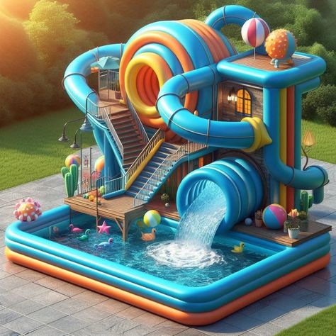 Upgrade your backyard fun with inflatable swimming pools and slide-shaped cabin homes. Water Slides Backyard, Cool Water Slides, Backyard Water Fun, Ireland Party, Outdoor Pool Furniture, Inflatable Pool Toys, Big Swimming Pools, 3d Miniature, Inflatable Water Park