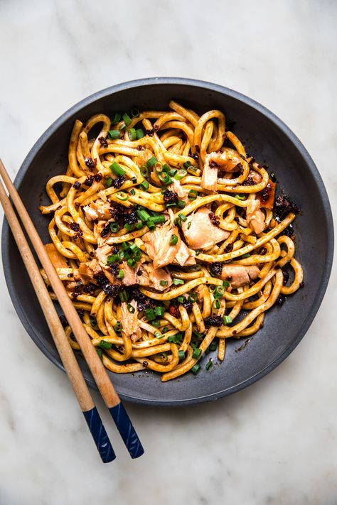 An umami-bomb noodle dish that comes together in under five minutes. UNDER FIVE MINUTES, folks. Chili Crisp Noodles, Noodles With Salmon, Spicy Chili Crisp, Chili Crisp, Tinned Fish, The Modern Proper, Modern Proper, Noodle Dish, Simple Green Salad