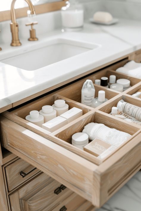 open bathroom vanity drawer with dividers in it to organize bathroom accessories Organize Drawers Bathroom, Primary Bathroom Organization, Bathroom Deep Drawer Organization, Bathroom Vanity Drawer, Open Bathroom Vanity, Bathroom Must Haves, Organize Bathroom, Bathroom Vanity Organization, Vanity Drawer