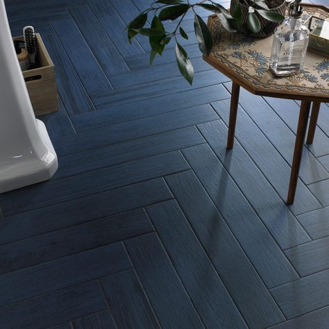 Interior Design Inspiration: Pantone 19-4052 Classic Blue Tiles by Walls and Floors - Fashion Trendsetter Herringbone Bathroom, Blue Floor Tile, Blue Tile Floor, Brick Effect Tiles, Navy Blue Tile, Wood Floor Bathroom, Herringbone Wall, Kitchen Floor Tiles Ideas, Blue Floor