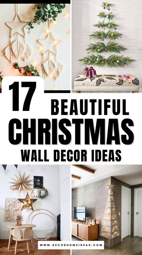 Looking to bring holiday cheer to every corner of your home? Discover 17 delightful Christmas wall decor ideas that will add a touch of sparkle and warmth to your interiors. From twinkling lights to festive garlands and creative DIY projects, these ideas will transform your walls into a holiday wonderland. Perfect for those who want to make a festive statement, these unique decor ideas suit every style and space. Dive in for inspiration to make your walls shine this Christmas season! Small Christmas Wall Hangings, Easy Christmas Decorating Ideas For The Home, Decorate Walls For Christmas, Christmas Tree Garland On Wall, Wrapped Wall Art For Christmas, Christmas Garland Wall Decor, Hanging Christmas Lights On Wall, Christmas Framed Wall Art, Large Wall Christmas Decor Ideas