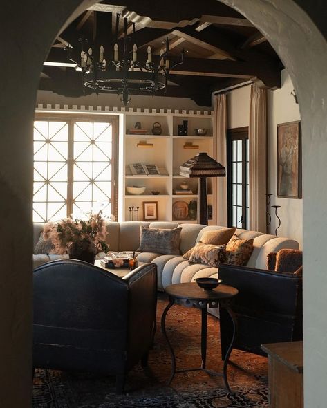 Lone Fox by Drew Michael Scott (@lonefoxhome) • Instagram photos and videos Castlery Furniture, Dark Cathedral, Spanish Style Living Room, Inspirational Homes, Lone Fox, Beamed Ceilings, Curved Sectional, Lovely Sunday, Room Vibes