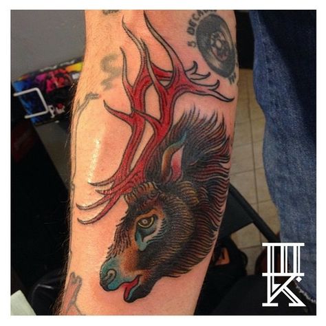 Traditional Elk Tattoo, Three Kings Tattoo, Elk Tattoo, Elk Skull, American Traditional Tattoo, American Traditional, Traditional Tattoo, Tattoos And Piercings, Skull Tattoo