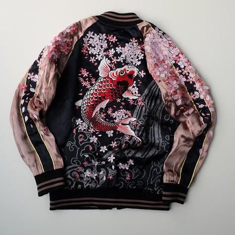 1714726c817af50457d810aae9d27a2edesc36688501ri Japan Sakura Cherry Blossoms, Tattoo Art Design, Sukajan Jacket, Japan Sakura, Heavy Embroidery, Cherry Blossoms, Koi, Aesthetic Clothes, Batik