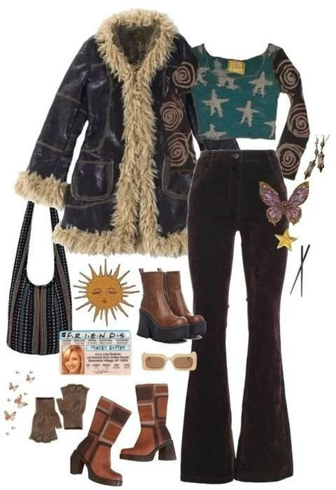 Phoebe Buffay Clothes, Phoebe Buffay Whimsigoth, Whimsical Everyday Outfits, Phoebe Buffay Winter Outfits, Hippy Winter Fits, Phone Buffay Outfits, Phoebe Buffay Outfit Inspiration, Phoebe Buffay Aesthetic Outfit, Phebeo Buffay Style